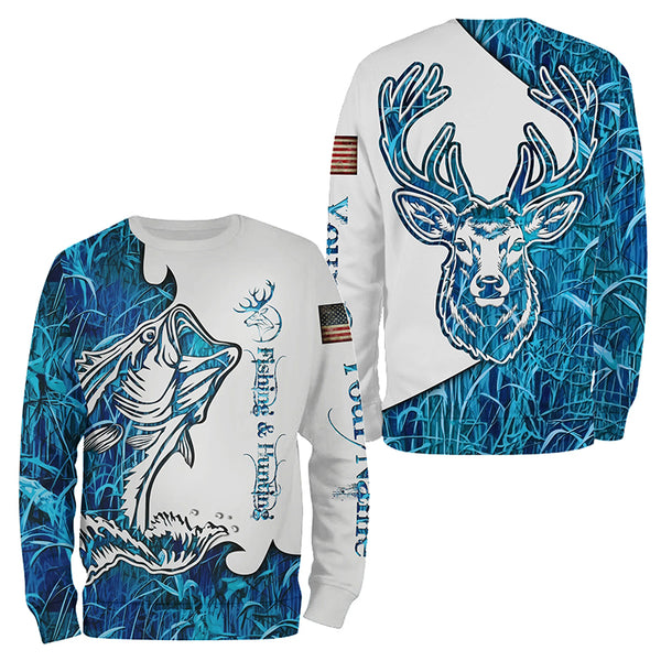 Fishing and Hunting Deer and Bass blue camo all over print Shirt, Hoodie - Personalized Gifts FSD3189