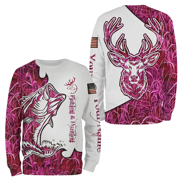 Fishing and Hunting Deer and Bass Pink camo all over print Shirt, Hoodie - Personalized Gift for women FSD3190