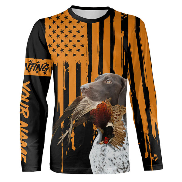 German Shorthaired Pointer Pheasant Hunting Dog Orange American flag Customized  Name Shirts FSD4473