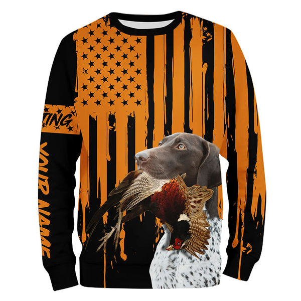 German Shorthaired Pointer Pheasant Hunting Dog Orange American flag Customized  Name Shirts FSD4473