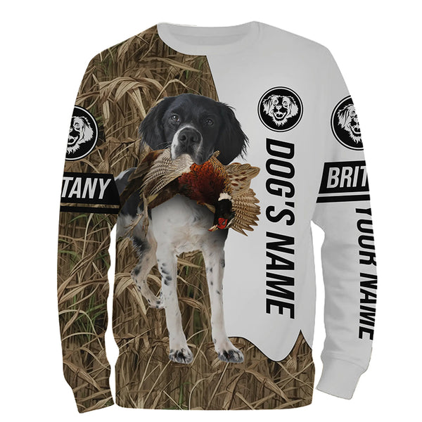 Pheasant Hunting with Brittany (black and white) Gun Dog Custom Name Camo Full Printing Shirts FSD3653