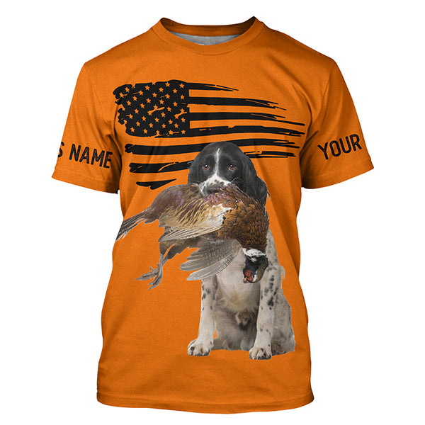 English Springer Spaniel Pheasant Hunting Dog American flag Blaze Orange Shirts for Hunter FSD4475