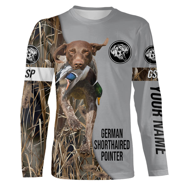 German Shorthaired Pointer Duck Hunting with Dog Custom Name Waterfowl Camo Shirts for Duck Hunter FSD4480