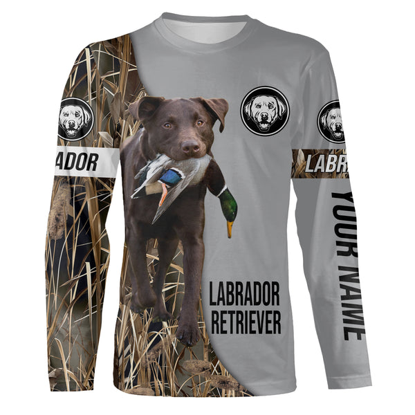 Chocolate Labrador Retriever Duck Hunting with Dog Custom Name Waterfowl Camo Shirts for Duck Hunter FSD4481