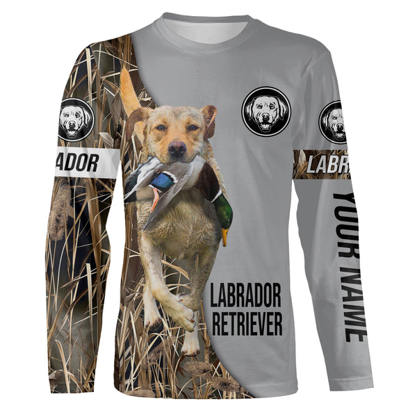 Yellow Labrador Retriever Duck Hunting with Dog Custom Name Waterfowl Camo Shirts for Duck Hunter FSD4482