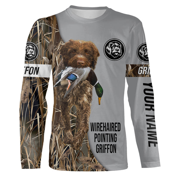 Wirehaired Pointing Griffon Duck Hunting with Dog Custom Name Waterfowl Camo Shirts for Duck Hunter FSD4483