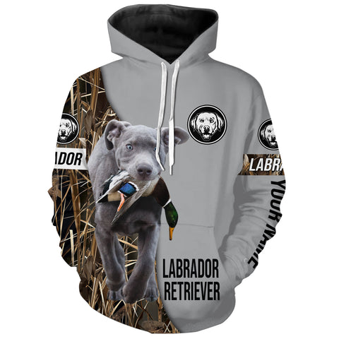 Silver Labrador Retriever Duck Hunting with Dog Custom Name Waterfowl Camo Shirts for Duck Hunter FSD4484