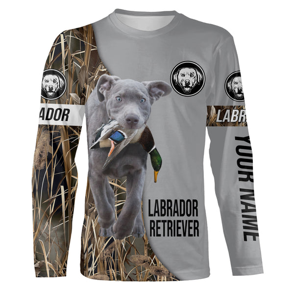 Silver Labrador Retriever Duck Hunting with Dog Custom Name Waterfowl Camo Shirts for Duck Hunter FSD4484