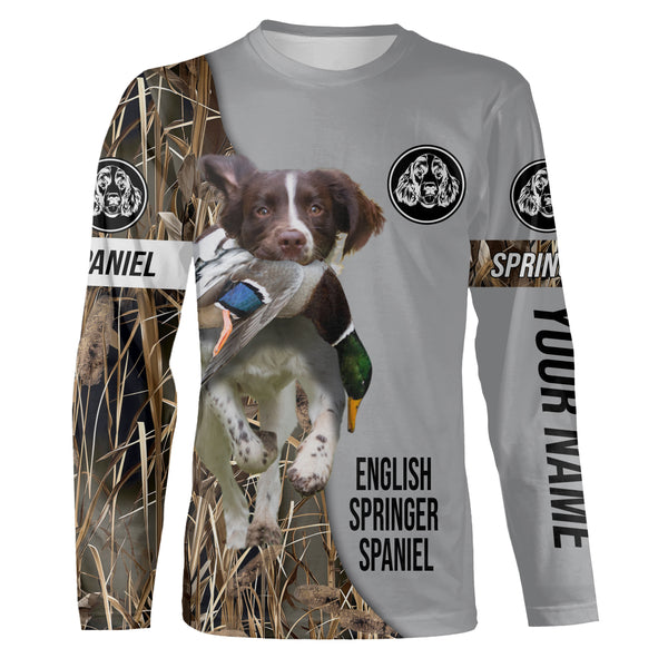 English Springer Spaniel Duck Hunting with Dog Custom Name Waterfowl Camo Shirts for Duck Hunter FSD4486