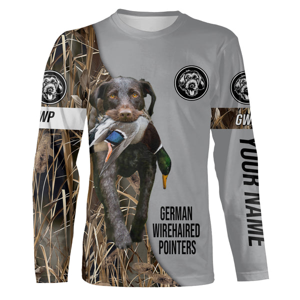 German Wirehaired Pointer Duck Hunting with Dog Custom Name Waterfowl Camo Shirts for Duck Hunter FSD4488