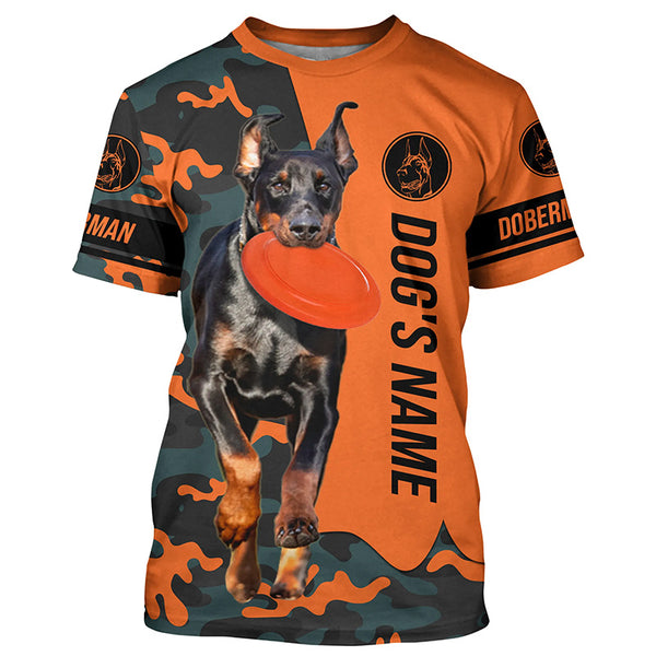 Disc Dog Doberman with a Flying Disc in mouth Custom Name Shirt, Personalized shirt for Dog Lovers FSD4161