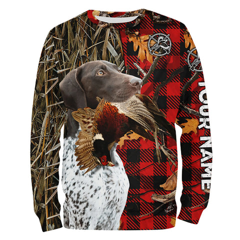 German Shorthaired Pointer Hunting Dog Red Plaid Fall Camo Custom Name all over printing Shirts FSD4225