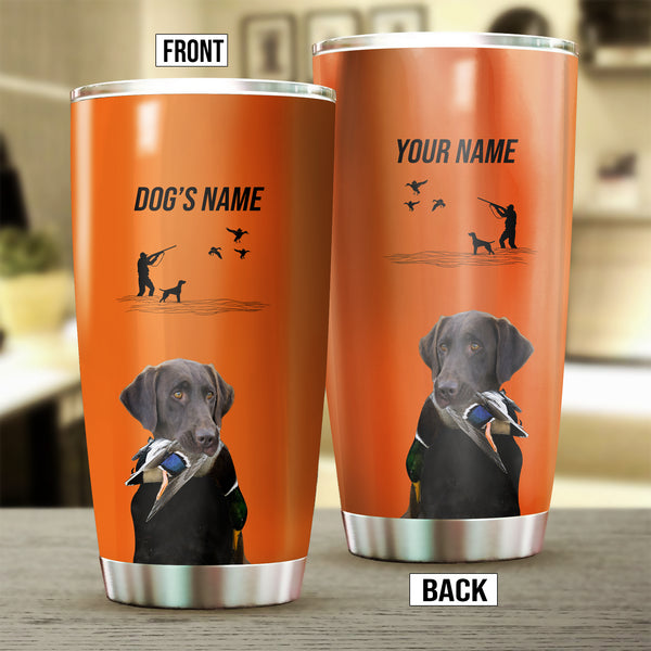 Chocolate Labrador Retriever Hunting Dog Custom names Orange Stainless Steel Tumbler Cup FSD4422