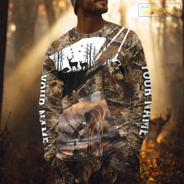 Deer Hunting 3D All Over Print Shirt Personalized Brown Fall Season Camo Hunting Clothes NHT204