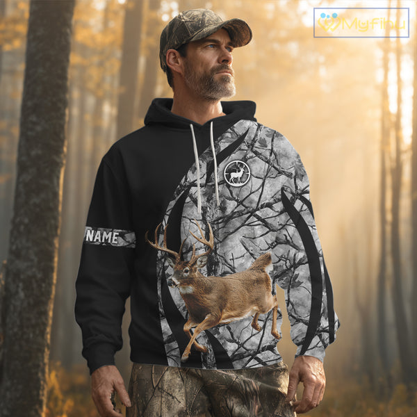 Deer Jumping Hunting 3D Black Gray Camo Custom Name All Over Print Shirt Hunting Shirts NHT206