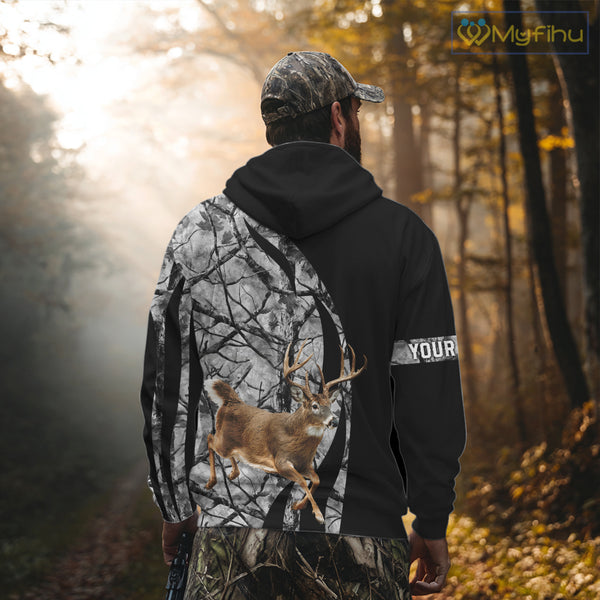 Deer Jumping Hunting 3D Black Gray Camo Custom Name All Over Print Shirt Hunting Shirts NHT206