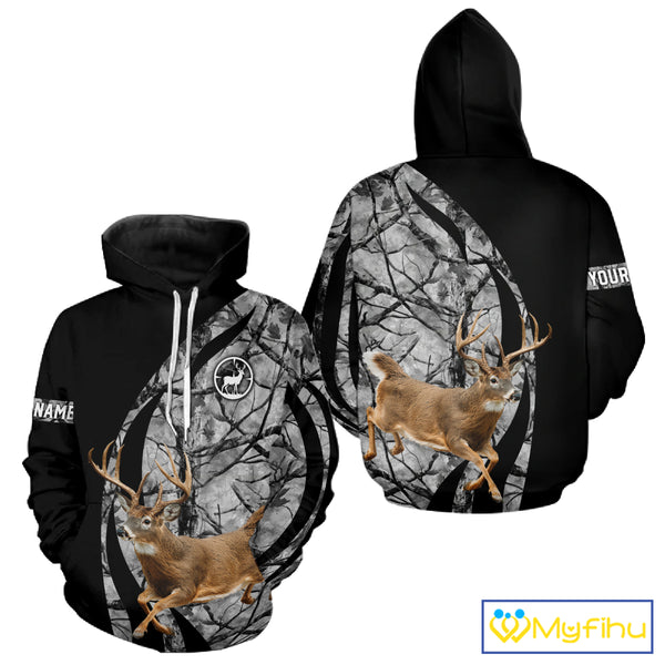 Deer Jumping Hunting 3D Black Gray Camo Custom Name All Over Print Shirt Hunting Shirts NHT206