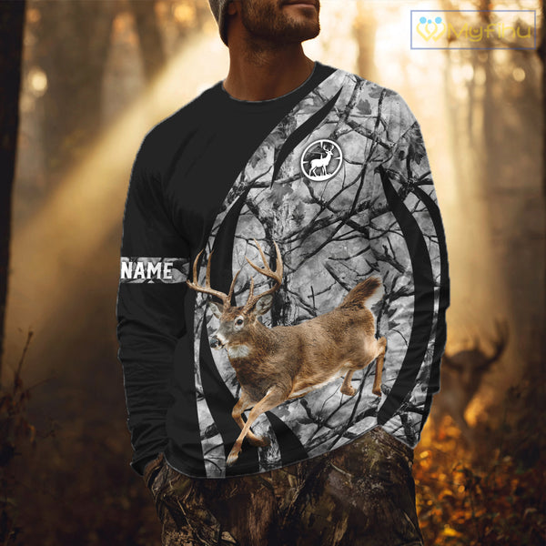 Deer Jumping Hunting 3D Black Gray Camo Custom Name All Over Print Shirt Hunting Shirts NHT206
