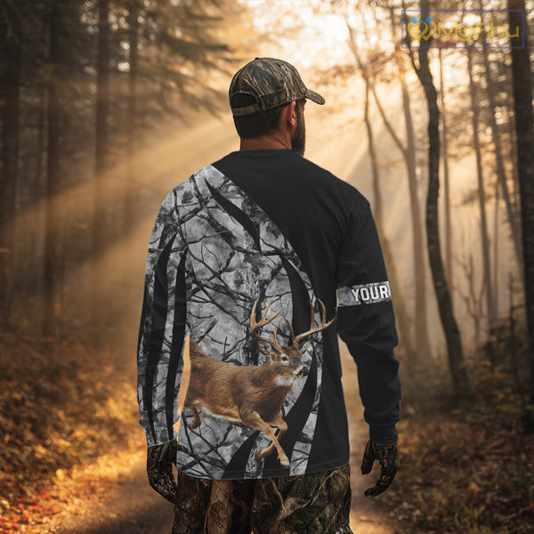 Deer Jumping Hunting 3D Black Gray Camo Custom Name All Over Print Shirt Hunting Shirts NHT206