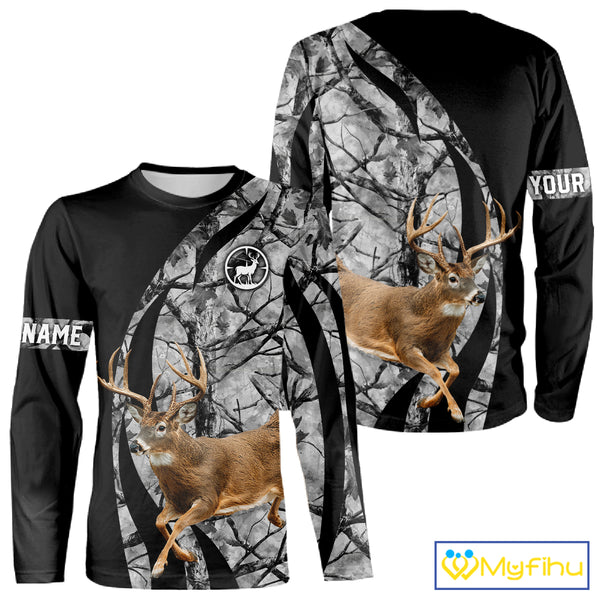 Deer Jumping Hunting 3D Black Gray Camo Custom Name All Over Print Shirt Hunting Shirts NHT206
