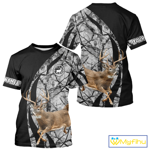 Deer Jumping Hunting 3D Black Gray Camo Custom Name All Over Print Shirt Hunting Shirts NHT206