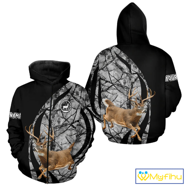 Deer Jumping Hunting 3D Black Gray Camo Custom Name All Over Print Shirt Hunting Shirts NHT206