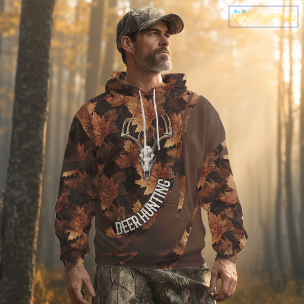 Skull Deer Hunting 3D Brown Camo Autumn Custom Name All Over Print Shirt Hunting Clothes NHT207