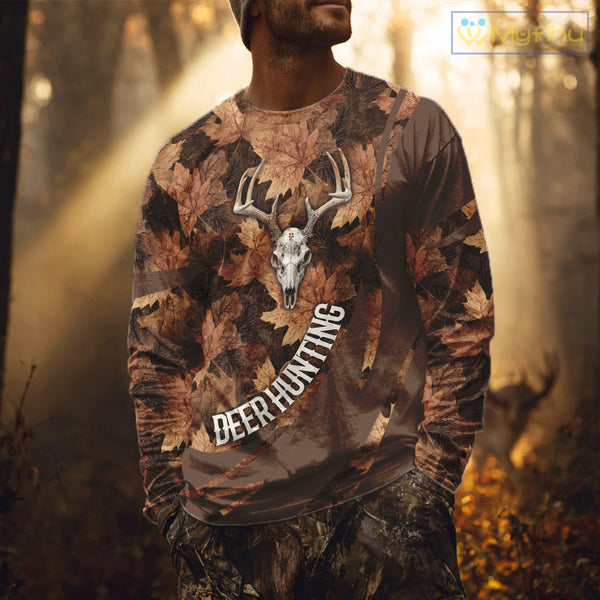 Skull Deer Hunting 3D Brown Camo Autumn Custom Name All Over Print Shirt Hunting Clothes NHT207