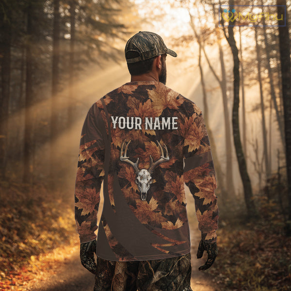 Skull Deer Hunting 3D Brown Camo Autumn Custom Name All Over Print Shirt Hunting Clothes NHT207
