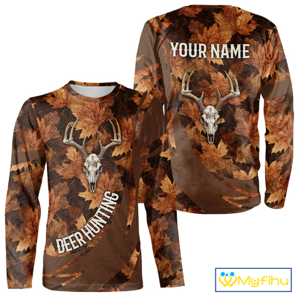 Skull Deer Hunting 3D Brown Camo Autumn Custom Name All Over Print Shirt Hunting Clothes NHT207