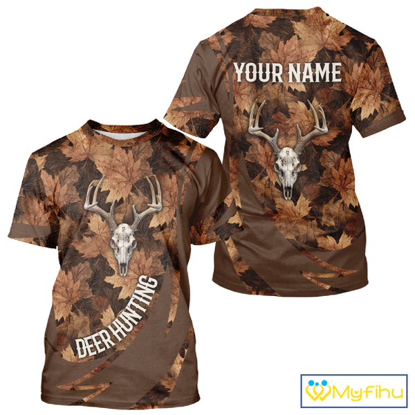 Skull Deer Hunting 3D Brown Camo Autumn Custom Name All Over Print Shirt Hunting Clothes NHT207