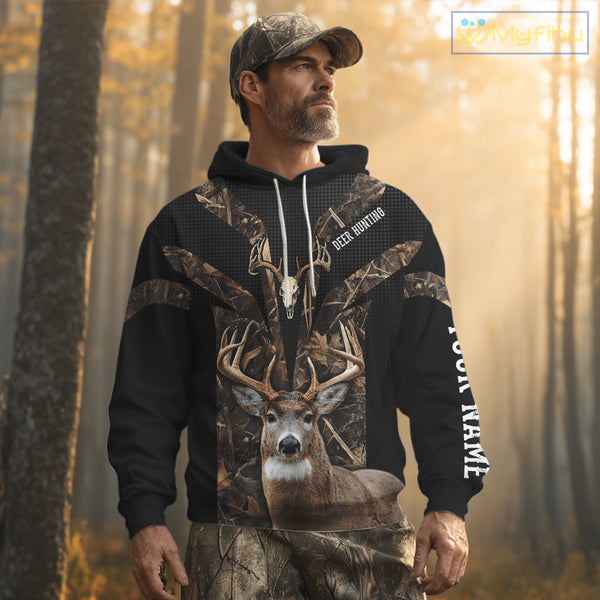 Brown Camo 3D Deer Hunting Hoodie For Men – Whitetail Buck Skull Design NHT335