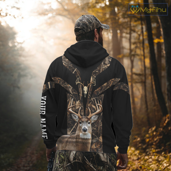 Brown Camo 3D Deer Hunting Hoodie For Men – Whitetail Buck Skull Design NHT335