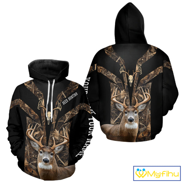 Brown Camo 3D Deer Hunting Hoodie For Men – Whitetail Buck Skull Design NHT335