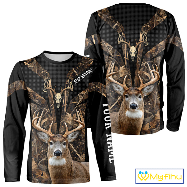 Brown Camo 3D Deer Hunting Hoodie For Men – Whitetail Buck Skull Design NHT335