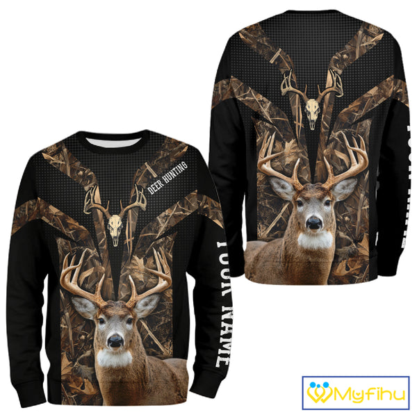 Brown Camo 3D Deer Hunting Hoodie For Men – Whitetail Buck Skull Design NHT335