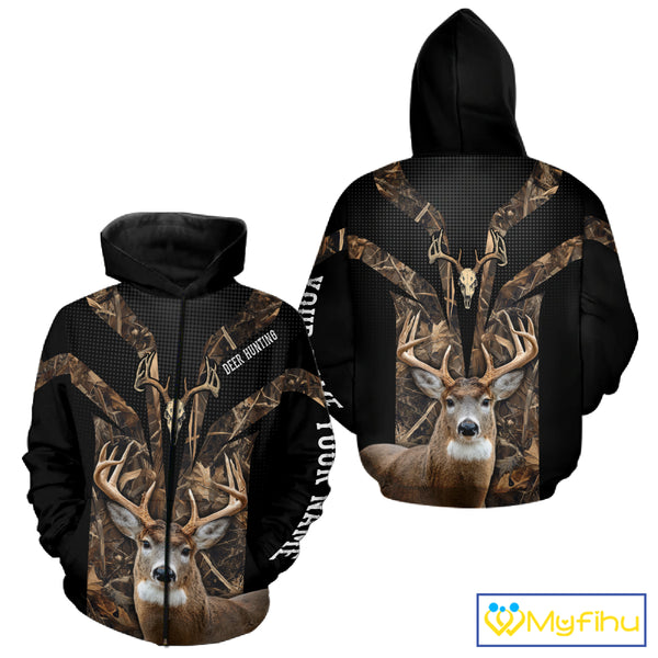 Brown Camo 3D Deer Hunting Hoodie For Men – Whitetail Buck Skull Design NHT335