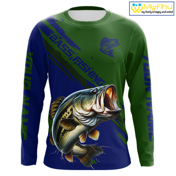 Green Blue Bass Fishing Shirt Long Sleeve Fishing Apparel For Men, Fishing Shirt For Fisher NHT873