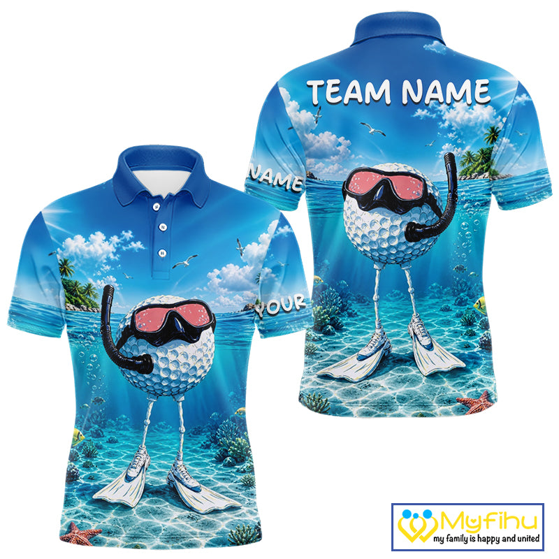 Funny Snorkeling Golf Ball Polo Shirt For Men – Beach Ocean 3D Print, Custom Team Name NHT879