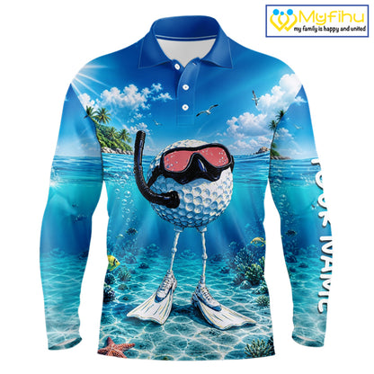 Funny Snorkeling Golf Ball Polo Shirt For Men – Beach Ocean 3D Print, Custom Team Name NHT879