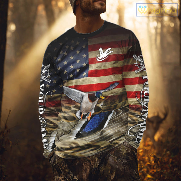 Duck Hunting Waterfowl Camo US Flag, Duck Hunting Gifts, Duck Hunting Shirt NHT294