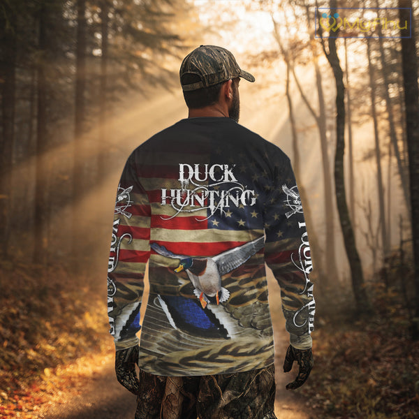 Duck Hunting Waterfowl Camo US Flag, Duck Hunting Gifts, Duck Hunting Shirt NHT294