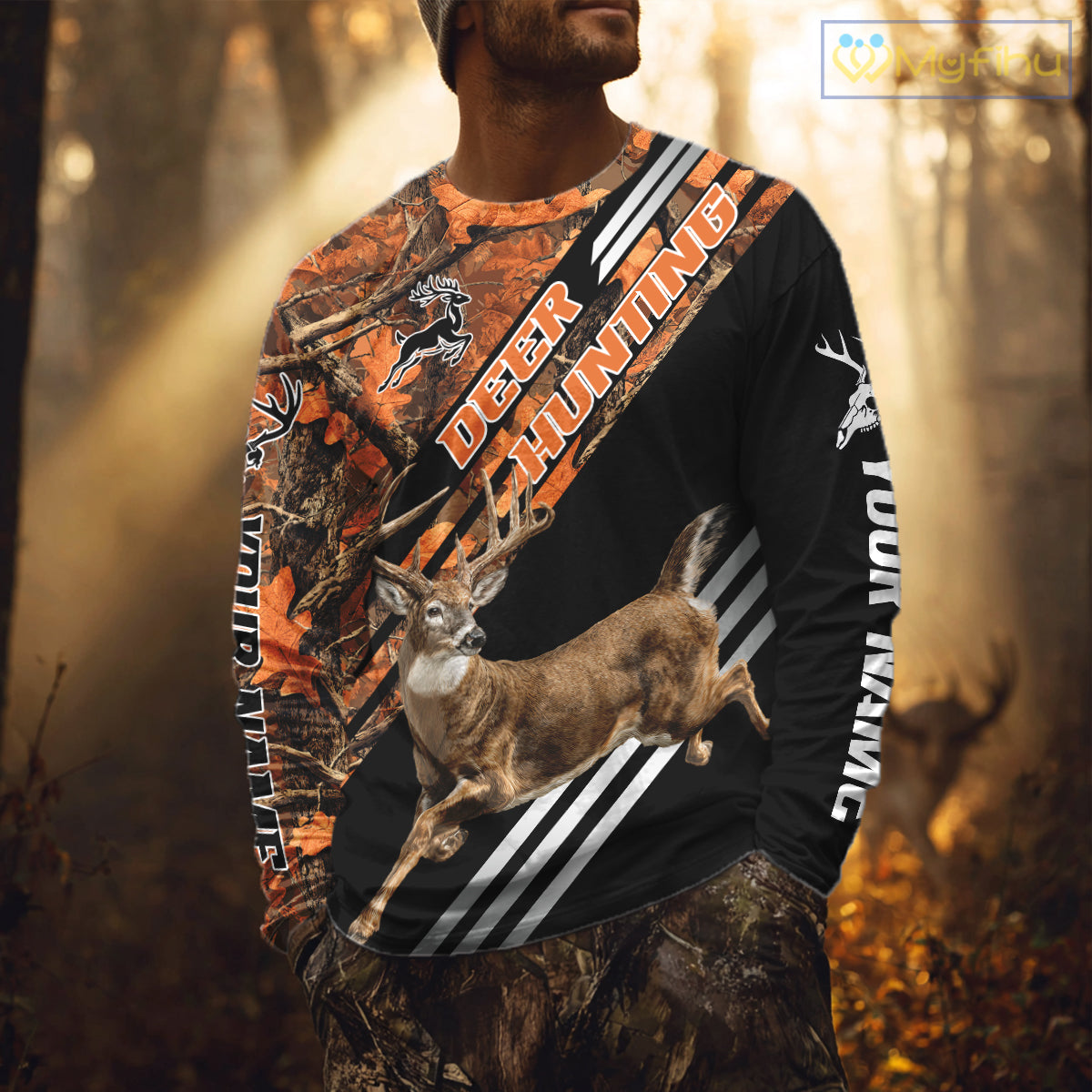 Running Deer Hunting Shirt – Autumn Camo Design, Custom Name for Hunters NHT341