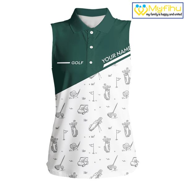 Green White Golf Pattern Sleeveless Womens Golf Tops Custom Ladies Golf Shirts, Green Golf Tops NHT884