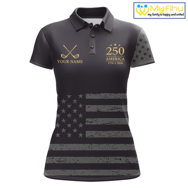 Black & Gold American 250Th Anniversary Womens Golf Polo Shirts, Golf Gifts For Team NHT887