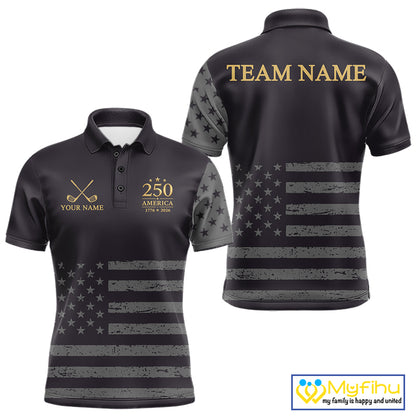 Black & Gold American 250Th Anniversary Mens Golf Polo Shirts, Golf Gifts For Team NHT887