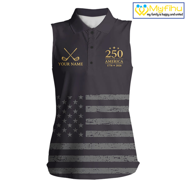 Black & Gold American 250Th Anniversary Sleeveless Womens Golf Polo Shirts, Golf Gifts For Team NHT887