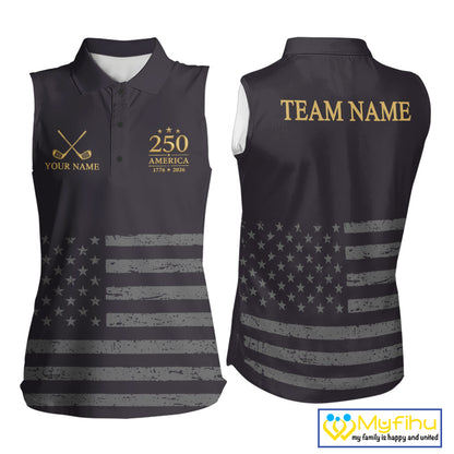 Black & Gold American 250Th Anniversary Sleeveless Womens Golf Polo Shirts, Golf Gifts For Team NHT887