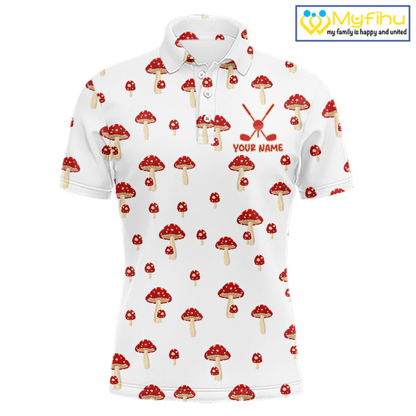 Funny Mushroom Mens Golf Polo Shirt, Personalized Mushroom Red White Pattern Golf Jersey NHT888