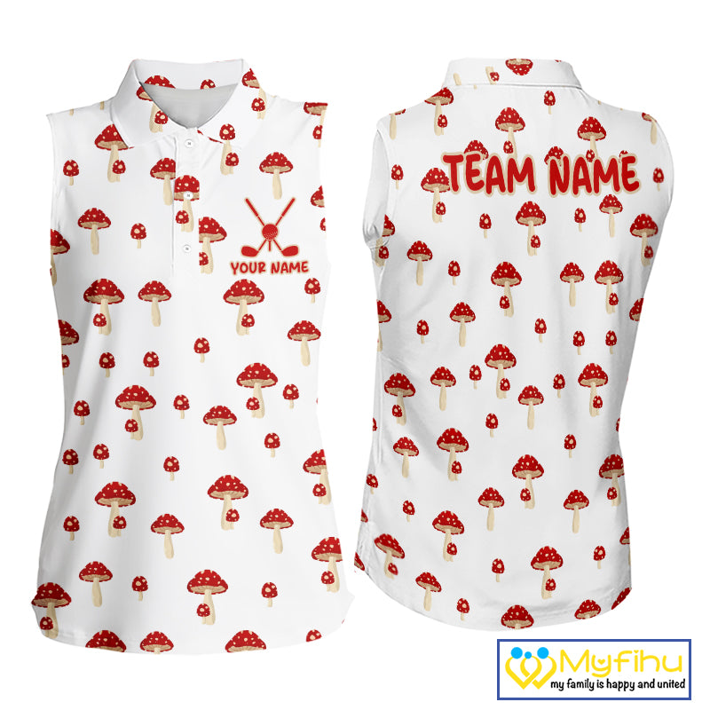 Funny Mushroom Sleeveless Womens Golf Polo Shirt, Personalized Mushroom Red White Pattern Golf Jersey NHT888